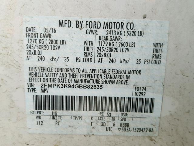 2FMPK3K94GBB82635 - 2016 FORD EDGE TITAN WHITE photo 10