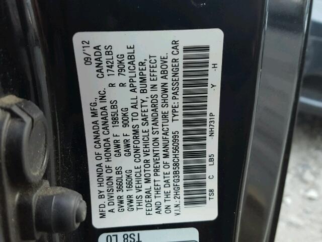 2HGFG3B58CH560995 - 2012 HONDA CIVIC LX BLACK photo 10