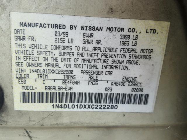 1N4DL01DXXC222280 - 1999 NISSAN ALTIMA XE GOLD photo 10