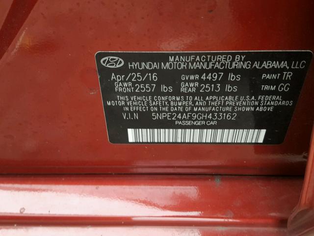 5NPE24AF9GH433162 - 2016 HYUNDAI SONATA SE RED photo 10