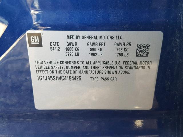 1G1JA5SH4C4194426 - 2012 CHEVROLET SONIC LS 蓝色 照片 10