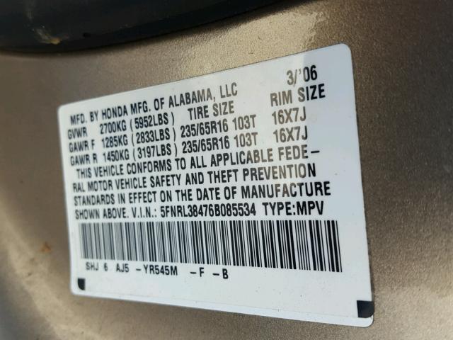 5FNRL38476B085534 - 2006 HONDA ODYSSEY EX GOLD photo 10