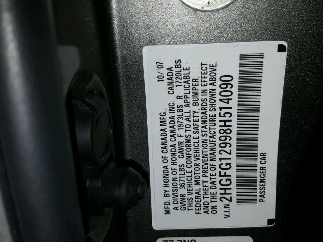 2HGFG12998H514090 - 2008 HONDA CIVIC EXL 黑色 照片 10