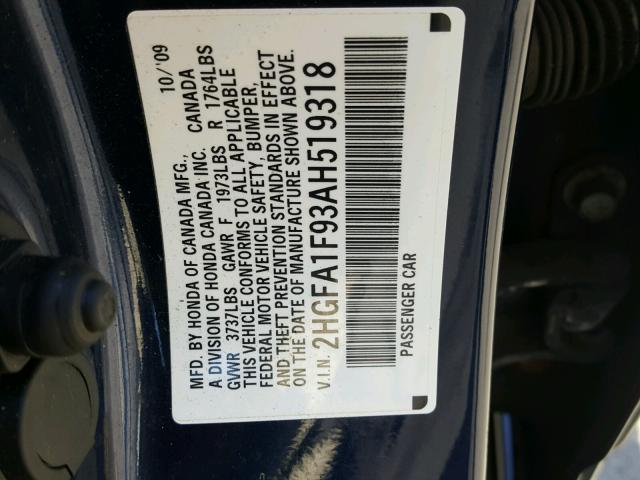 2HGFA1F93AH519318 - 2010 HONDA CIVIC EXL BLUE photo 10