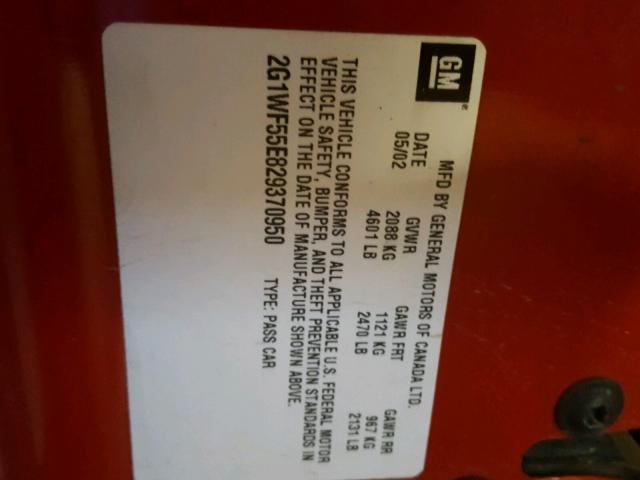 2G1WF55E829370950 - 2002 CHEVROLET IMPALA RED photo 10