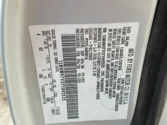 1LNHM97V3YY892525 - 2000 LINCOLN CONTINENTA SILVER photo 10