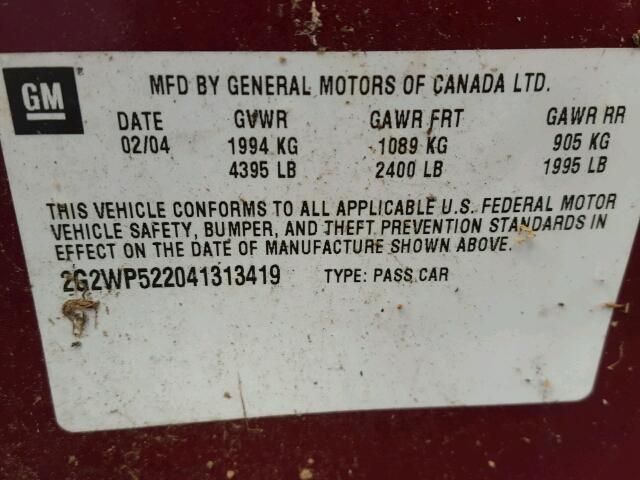 2G2WP522041313419 - 2004 PONTIAC GRAND PRIX RED photo 10