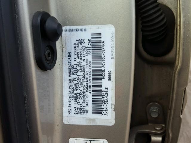 4T1BE32K83U730581 - 2003 TOYOTA CAMRY LE GOLD photo 10