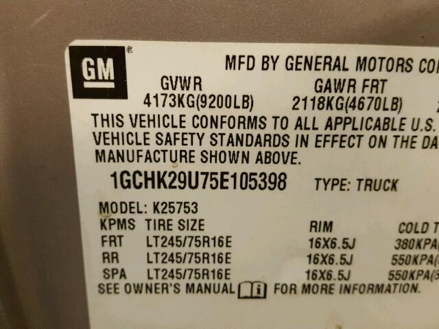 1GCHK29U75E105398 - 2005 CHEVROLET SILVERADO TAN photo 10