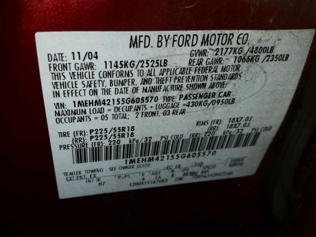 1MEHM42155G605570 - 2005 MERCURY MONTEGO PR 红色 照片 10