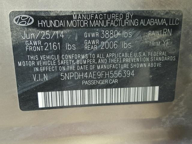 5NPDH4AE9FH556394 - 2015 HYUNDAI ELANTRA SE GRAY photo 10