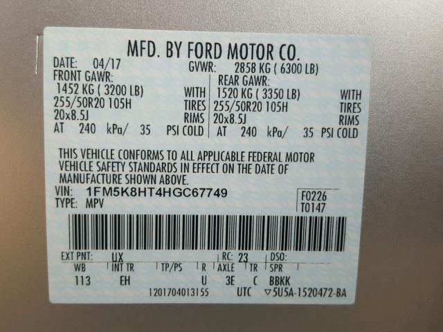 1FM5K8HT4HGC67749 - 2017 FORD EXPLORER P GRAY photo 10