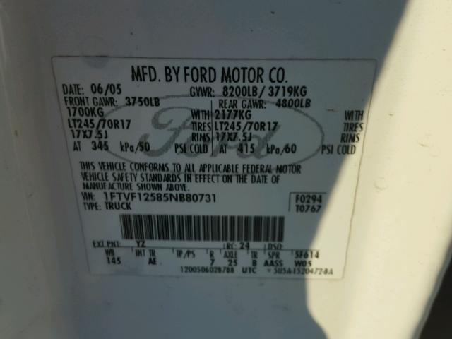 1FTVF12585NB80731 - 2005 FORD F150 WHITE photo 10