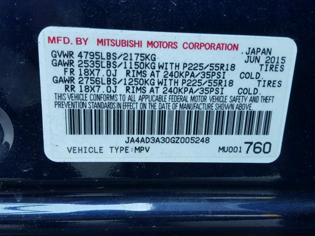 JA4AD3A30GZ005248 - 2016 MITSUBISHI OUTLANDER BLUE photo 10