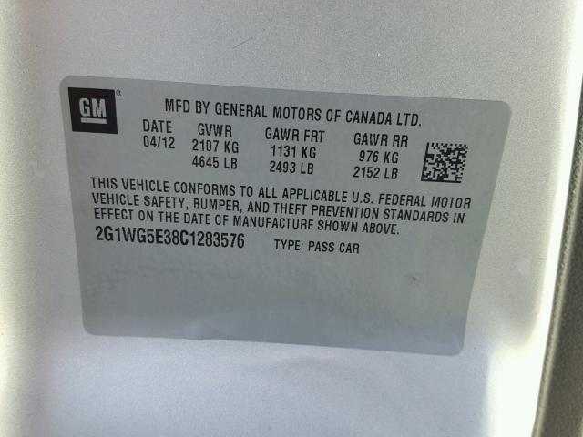 2G1WG5E38C1283576 - 2012 CHEVROLET IMPALA LT SILVER photo 10