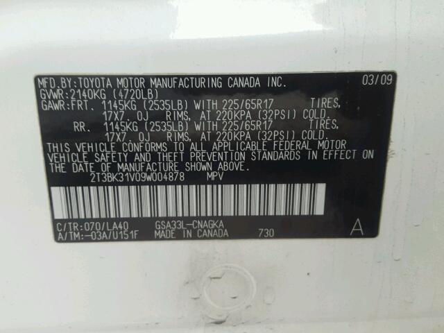 2T3BK31V09W004878 - 2009 TOYOTA RAV4 LIMIT WHITE photo 10