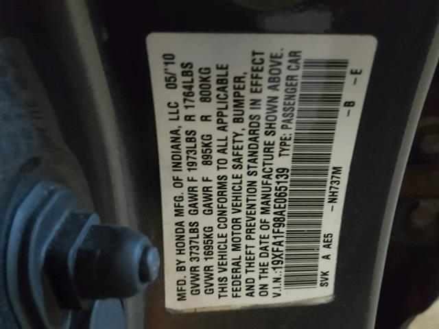 19XFA1F98AE065139 - 2010 HONDA CIVIC EXL 灰色 照片 10