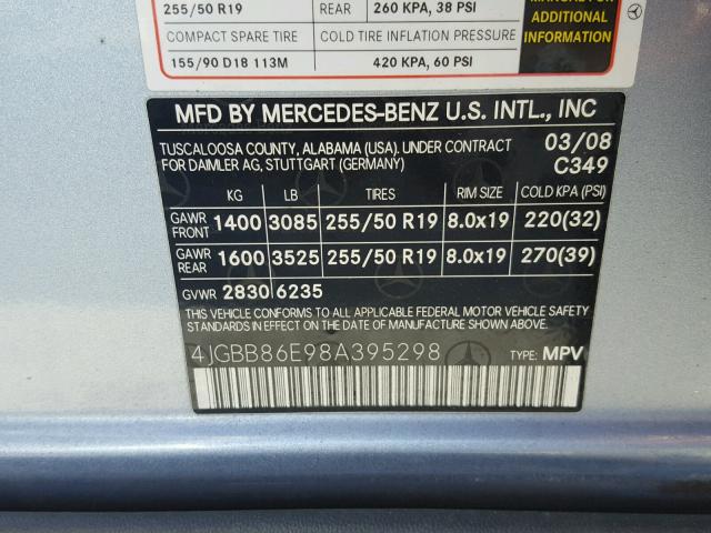 4JGBB86E98A395298 - 2008 MERCEDES-BENZ ML 350 BLUE photo 10