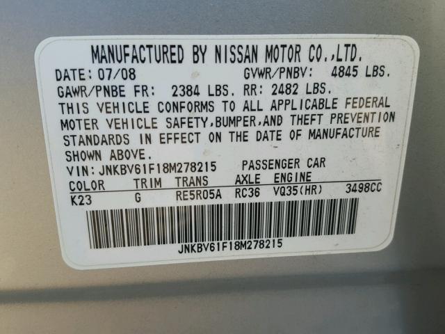 JNKBV61F18M278215 - 2008 INFINITI G35 SILVER photo 10