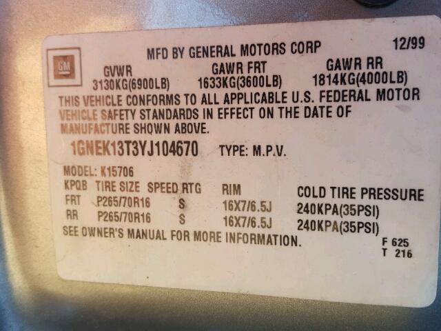 1GNEK13T3YJ104670 - 2000 CHEVROLET TAHOE K150 TAN photo 10