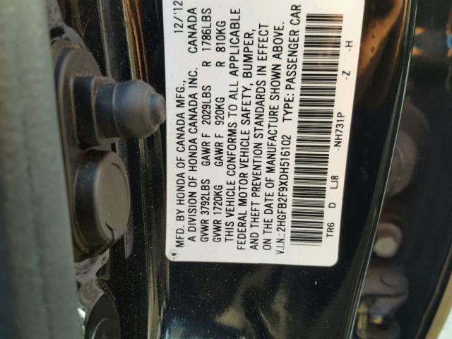 2HGFB2F9XDH516102 - 2013 HONDA CIVIC EXL أسود صورة 10