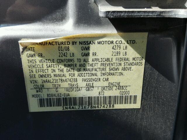 1N4AL21E78N474288 - 2008 NISSAN ALTIMA 2.5 GRAY photo 10