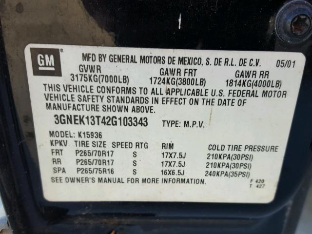 3GNEK13T42G103343 - 2002 CHEVROLET AVALANCHE BLACK photo 10