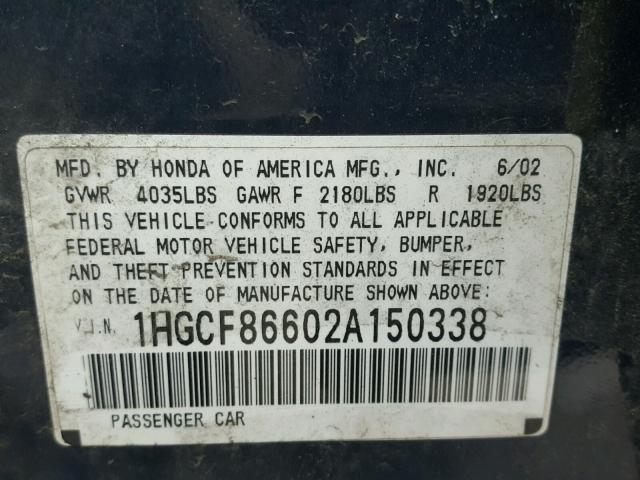 1HGCF86602A150338 - 2002 HONDA ACCORD VAL BLUE photo 10