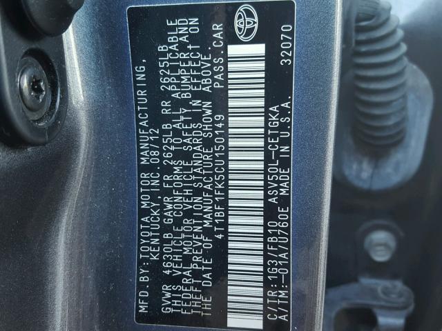 4T1BF1FK5CU150149 - 2012 TOYOTA CAMRY BASE CHARCOAL photo 10