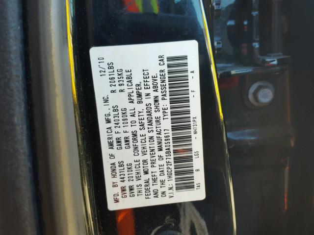 1HGCP2F75BA059617 - 2011 HONDA ACCORD EX BLACK photo 10