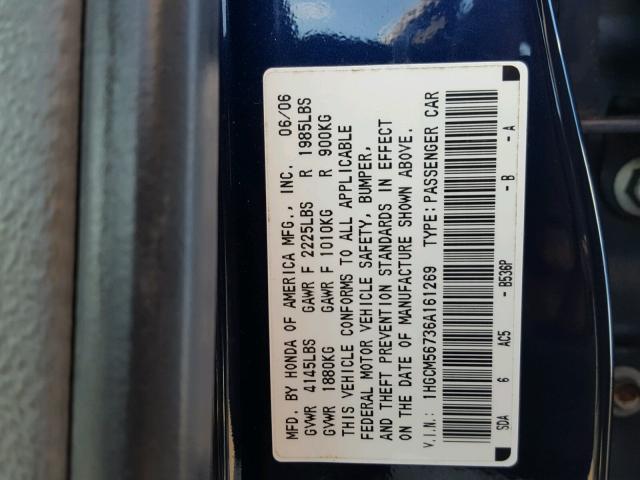 1HGCM56736A161269 - 2006 HONDA ACCORD EX BLUE photo 10