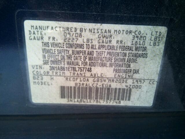 3N1AB61E78L757748 - 2008 NISSAN SENTRA 2.0 BLUE photo 10