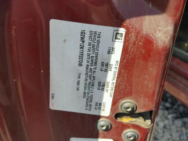 1G2WP12K1YF207245 - 2000 PONTIAC GRAND PRIX RED photo 10