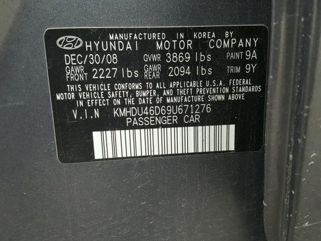 KMHDU46D69U671276 - 2009 HYUNDAI ELANTRA GL GRAY photo 10