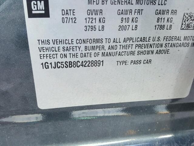 1G1JC5SB8C4228891 - 2012 CHEVROLET SONIC LT 灰色 照片 10