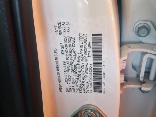 5J8TB3H31JL008049 - 2018 ACURA RDX BASE WHITE photo 10