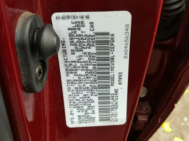 4T1BF30K42U001993 - 2002 TOYOTA CAMRY LE RED photo 10
