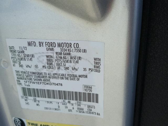 1FTFW1EF7DKD70478 - 2013 FORD F150 SUPER WHITE photo 10