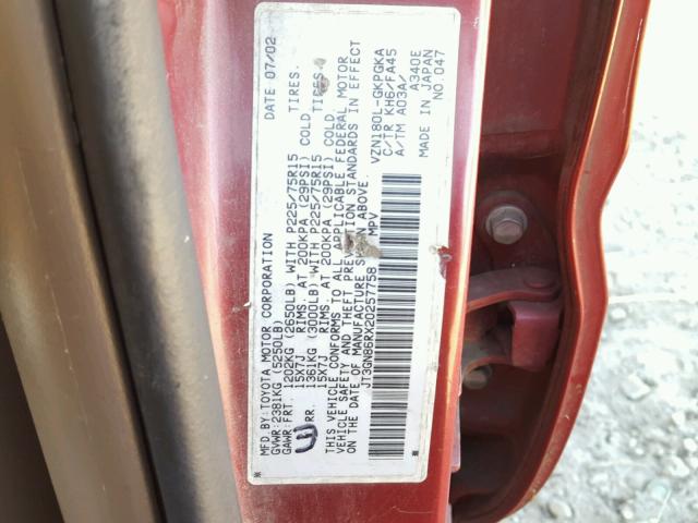 JT3GN86RX20257758 - 2002 TOYOTA 4RUNNER SR BURGUNDY photo 10