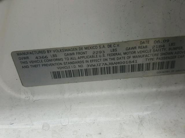 3VWJZ7AJ8AM001841 - 2010 VOLKSWAGEN JETTA S Ağ foto 10