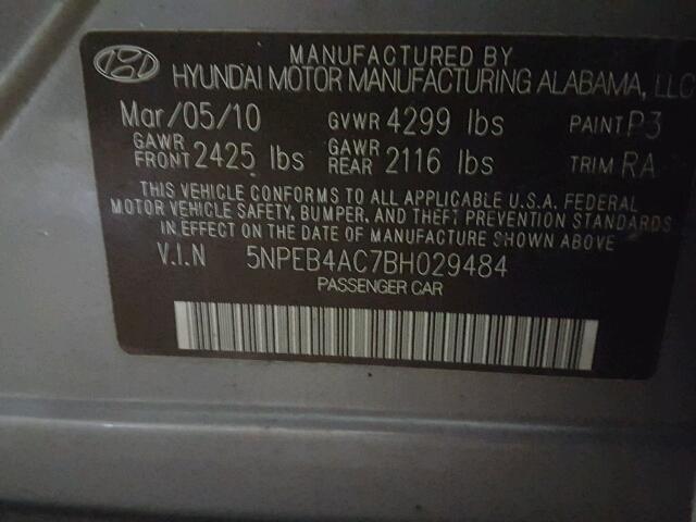 5NPEB4AC7BH029484 - 2011 HYUNDAI SONATA GLS GRAY photo 10