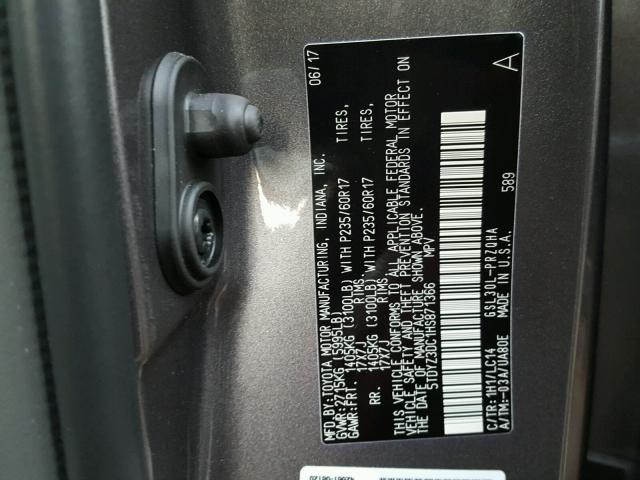 5TDYZ3DC1HS871366 - 2017 TOYOTA SIENNA XLE GRAY photo 10