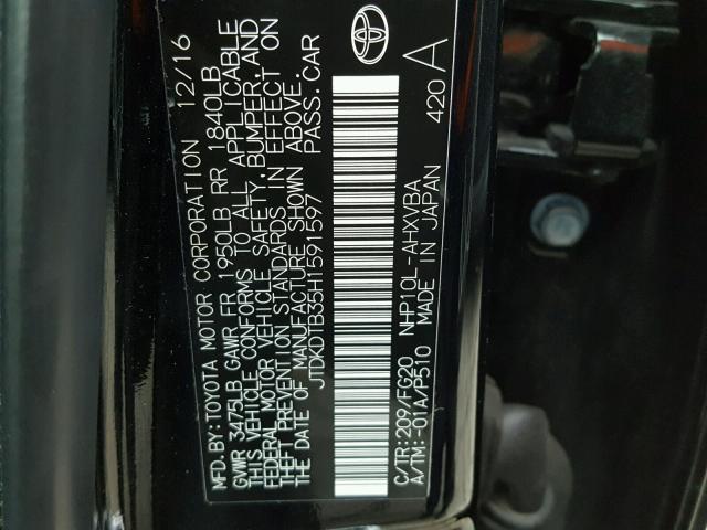 JTDKDTB35H1591597 - 2017 TOYOTA PRIUS C BLACK photo 10