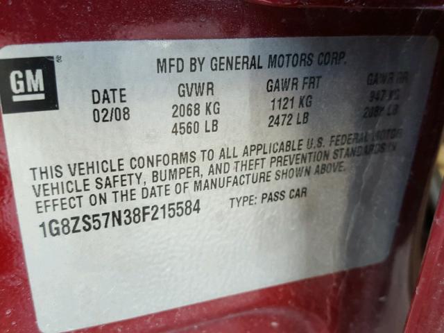 1G8ZS57N38F215584 - 2008 SATURN AURA XE RED photo 10