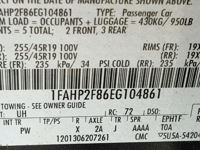 1FAHP2F86EG104861 - 2014 FORD TAURUS LIM BLACK photo 10