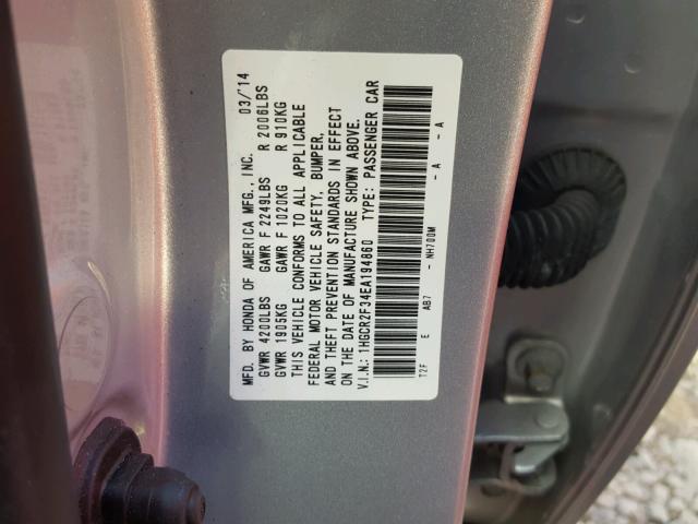 1HGCR2F34EA194860 - 2014 HONDA ACCORD LX SILVER photo 10