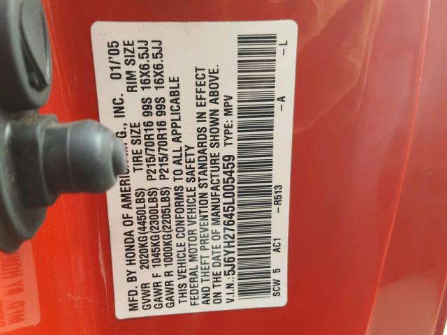 5J6YH27645L005459 - 2005 HONDA ELEMENT EX RED photo 10