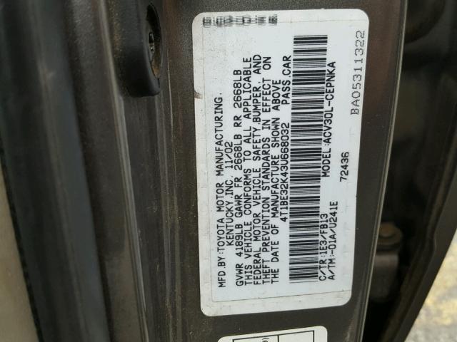 4T1BE32K43U668032 - 2003 TOYOTA CAMRY LE GRAY photo 10