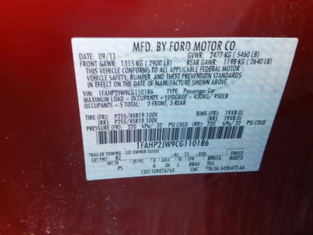 1FAHP2JW9CG110186 - 2012 FORD TAURUS LIM RED photo 10