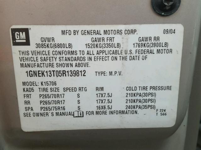 1GNEK13T05R139812 - 2005 CHEVROLET TAHOE K150 BEIGE photo 10